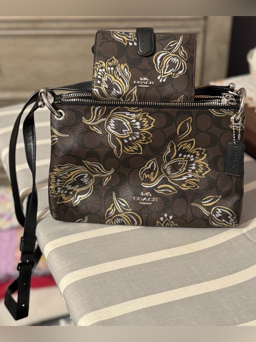 Coach Brown Floral Signature Crossbody with Gold Accents